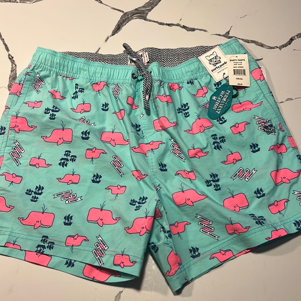 Men’s Party Pants hybrid swim trunks. “Don’t be a dick”